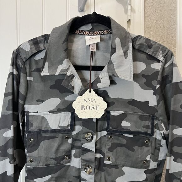 Knox Rose Military Camo Jacket Women Size M Gray Fitted Waist Button Up NEW - Picture 2 of 9